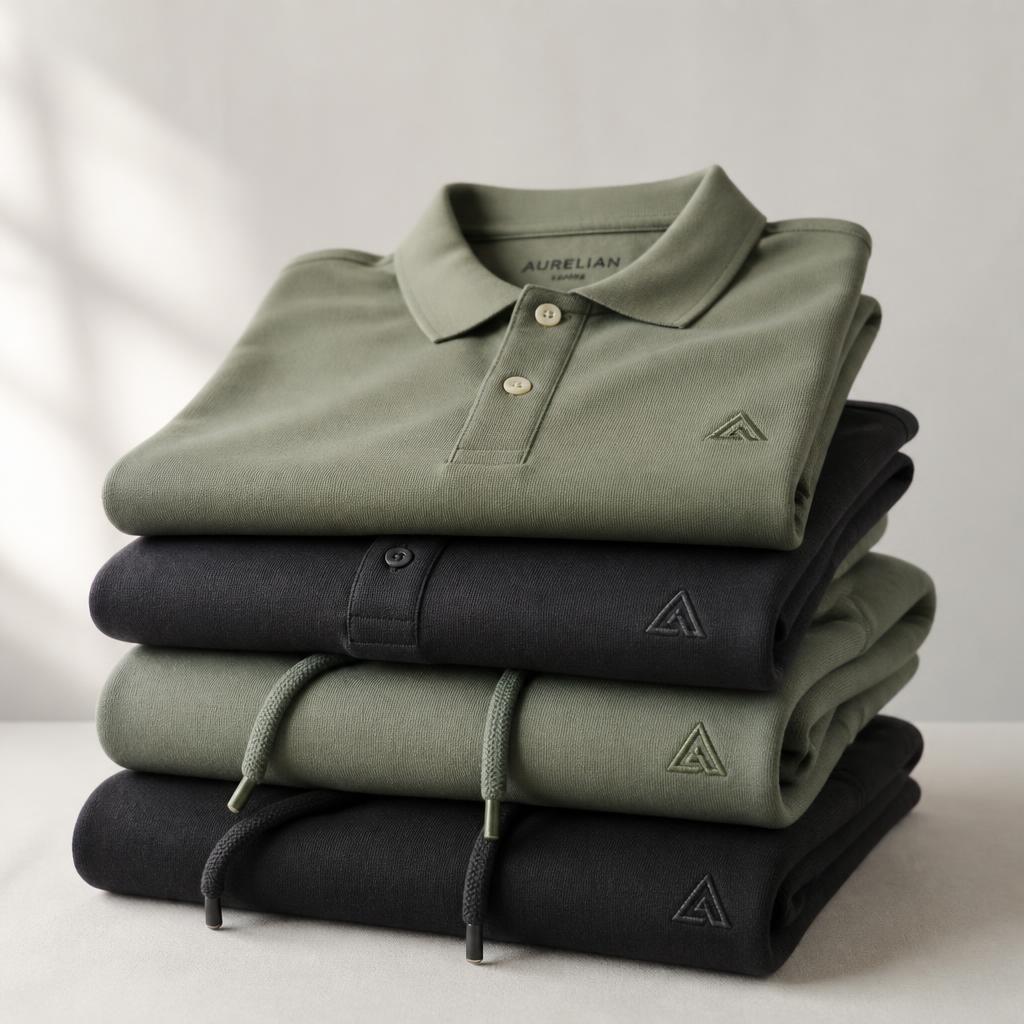 Gestapelte Corporate-Fashion-Polos und Hoodies mit gesticktem Logo