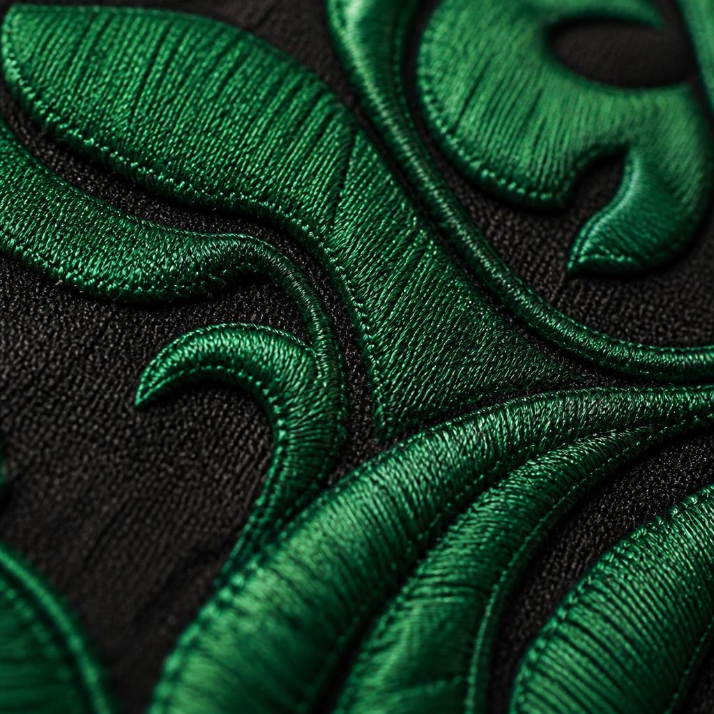 Makroaufnahme dichter Stickerei auf dunklem Premium-Textil